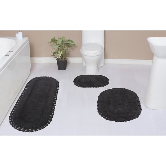 Home Weavers Hampton Crochet Bath Mat 100% Cotton Reversible Bathroom Rug Set Machine Washable Bathroom Rug-17"x24", Bath Rug- 21"x34", Runner- 21"x54", Gray Color 3 Piece Bath Rug set