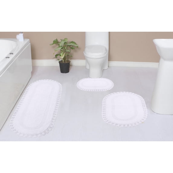 Home Weavers Hampton Crochet Bath Mat 100% Cotton Reversible Bathroom Rug Set Machine Washable Bathroom Rug-17"x24", Bath Rug- 21"x34", Runner- 21"x54", White Color 3 Piece Bath Rug set