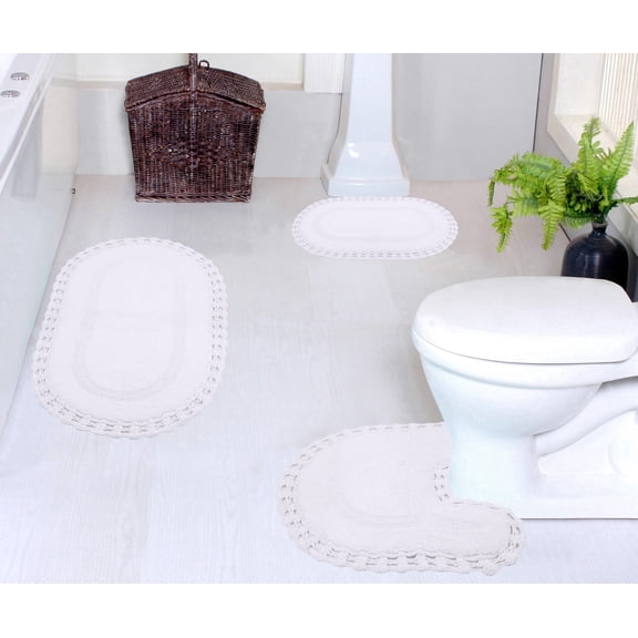 Home Weavers Hampton Crochet Bath Mat 100% Cotton Reversible Bathroom Rug Set Machine Washable Bathroom Rug-17"x24", Bath Rug- 21"x34", U Shaped Contour- 20"x20", White Color 3 Piece Bath Rug set