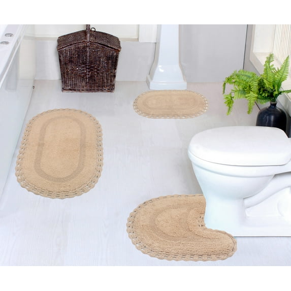 Home Weavers Hampton Crochet Bath Mat 100% Cotton Reversible Bathroom Rug Set Machine Washable Bathroom Rug-17"x24", Bath Rug- 21"x34", U Shaped Contour- 20"x20", Linen Color 3 Piece Bath Rug set