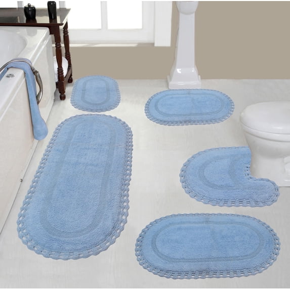 Home Weavers Hampton Crochet Bath Mat 100% Cotton Reversible Bathroom Rug Set Machine Washable Bathroom Rug, Bath Rug, U Shaped Contour, Runner, Bathroom Rug, Blue Color 5 Piece Bath Rug set