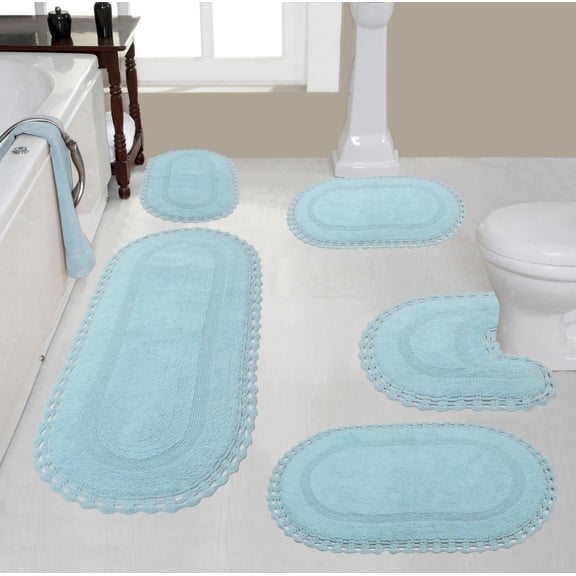 Home Weavers Hampton Crochet Bath Mat 100% Cotton Reversible Bathroom Rug Set Machine Washable Bathroom Rug, Bath Rug, U Shaped Contour, Runner, Bathroom Rug, Aqua Color 5 Piece Bath Rug set