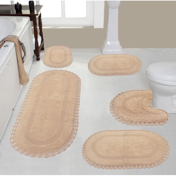 Home Weavers Hampton Crochet Bath Mat 100% Cotton Reversible Bathroom Rug Set Machine Washable Bathroom Rug, Bath Rug, U Shaped Contour, Runner, Bathroom Rug, Linen Color 5 Piece Bath Carpet set