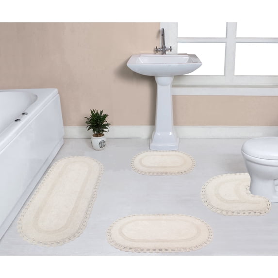 Home Weavers Hampton Crochet Bath Mat 100% Cotton Reversible Bathroom Rug Set Machine Washable Bathroom Rug, Bath Rug, U Shaped Contour, Runner, Ivory Color 4 Piece Bath Rug set