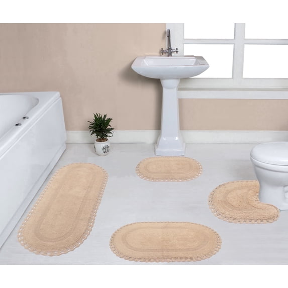 Home Weavers Hampton Crochet Bath Mat 100% Cotton Reversible Bathroom Rug Set Machine Washable Bathroom Rug, Bath Rug, U Shaped Contour, Runner, Linen Color 4 Piece Bath Rug set