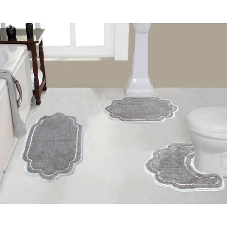 Home Weavers Inc Allure Collection 100% Cotton Non-Slip Bathroom Rug Set, 3 Piece Machine Washable- Bathroom Rug, Bath Rug, U Shaped Contour Grey