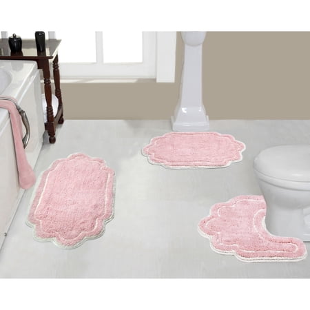 Home Weavers Inc Allure Collection 100% Cotton Non-Slip Bathroom Rug Set, 3 Piece Machine Washable- Bathroom Rug, Bath Rug, U Shaped Contour Pink