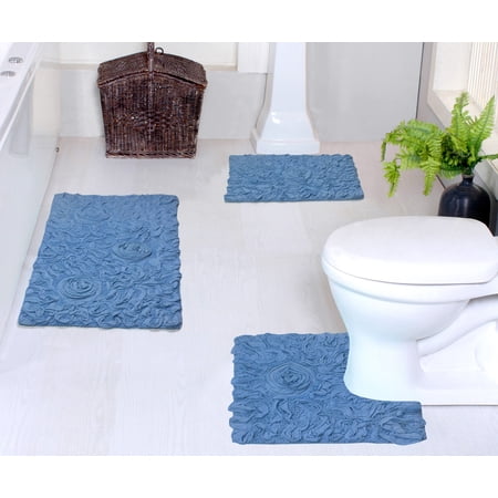 Home Weavers Inc Bell Flower Collection 100% Cotton Non-Slip Bathroom Rug Set, 3 Piece Machine Washable- Bathroom Rug, Bath Rug, U Shaped Contour Sky