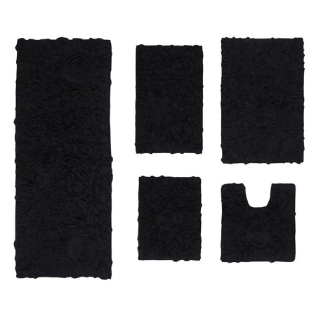 Home Weavers Inc Bell Flower Collection 100% Cotton Non-Slip Bathroom Rug Set, Machine Washable Bath Rug, 5 Piece Bath Mat Set with Runner Black
