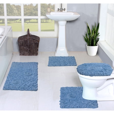 Home Weavers Inc Bell Flower Collection 100% Cotton Non-Slip Bathroom Rug Set, Washable Bath Rug, 4 Piece Bath Mat Set with Toilet Lid Cover Sky Blue