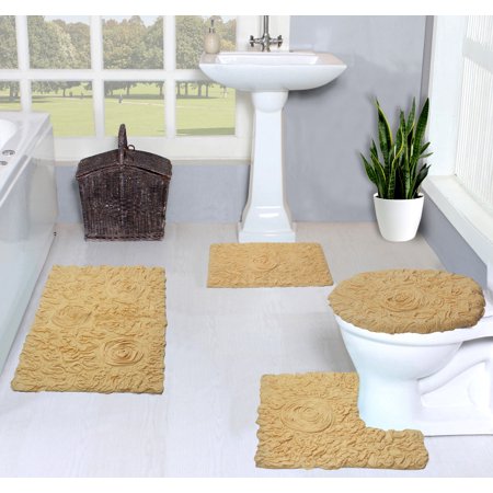 Home Weavers Inc Bell Flower Collection 100% Cotton Non-Slip Bathroom Rug Set, Washable Bath Rug, 4 Piece Bath Mat Set with Toilet Lid Cover Yellow