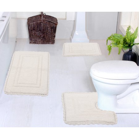 Home Weavers Inc Casual Elegance Bathmat 100% Cotton Non-Slip Bath Rug Set, 3 Piece Machine Washable- Bathroom Rug, Bath Rug, U Shaped Contour Ivory