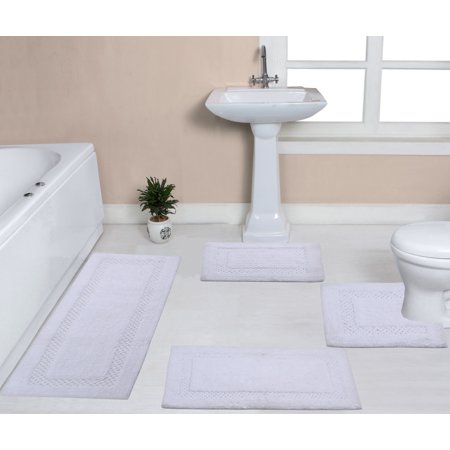 Home Weavers Inc Classy Bathmat Collection 100% Cotton Non-Slip Bathroom Rug Set, Machine Washable Bath Rug, 4 Piece Bath Mat Set with Runner White