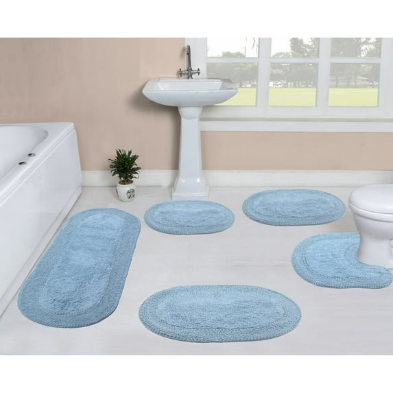 Home Weavers Inc Double Ruffle Collection 100% Cotton Non-Slip Bathroom Rug Set, Machine Washable Bath Rug, 5 Piece Bath Mat Set with Contour Blue