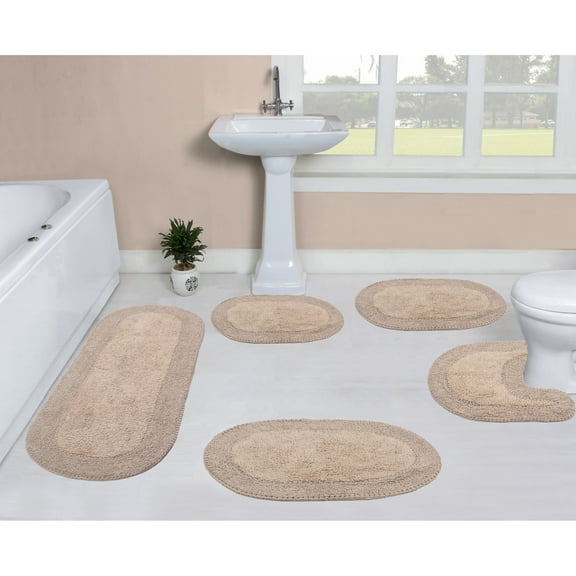 Home Weavers Inc Double Ruffle Collection 100% Cotton Non-Slip Bathroom Rug Set, Machine Washable Bath Rug, 5 Piece Bath Mat Set with Contour Linen