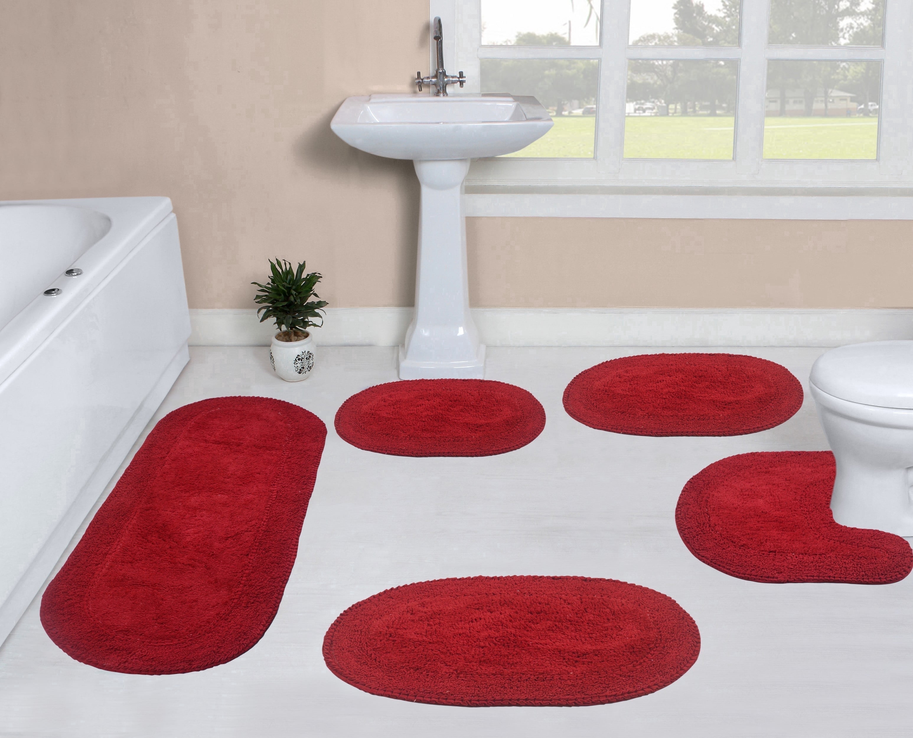 Home Weavers Inc Double Ruffle Collection 100% Cotton Non-Slip Bathroom Rug Set, Machine Washable Bath Rug, 5 Piece Bath Mat Set with Contour Red