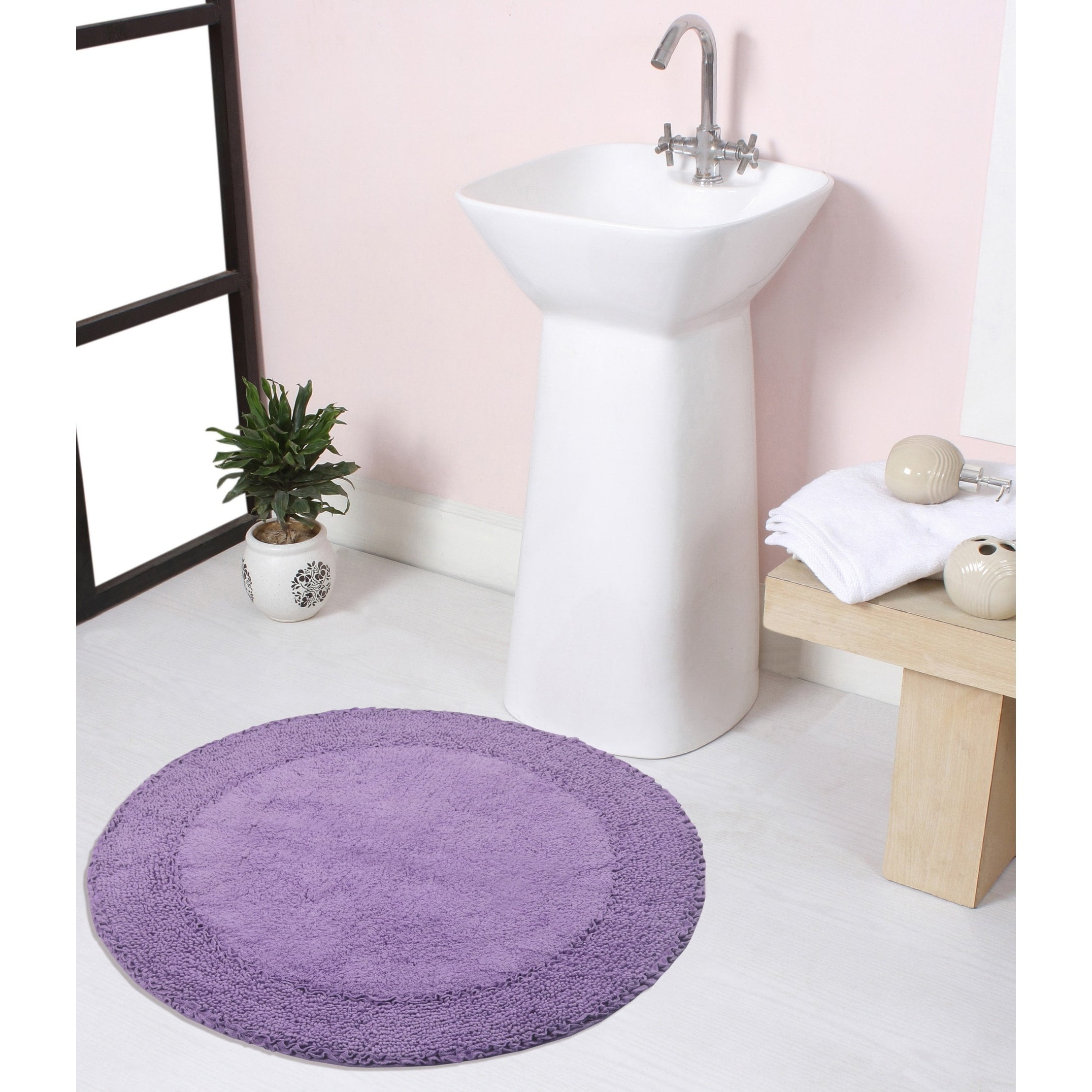 Purple Round Cotton Bathroom Rug with Double Ruffle Design, 28"