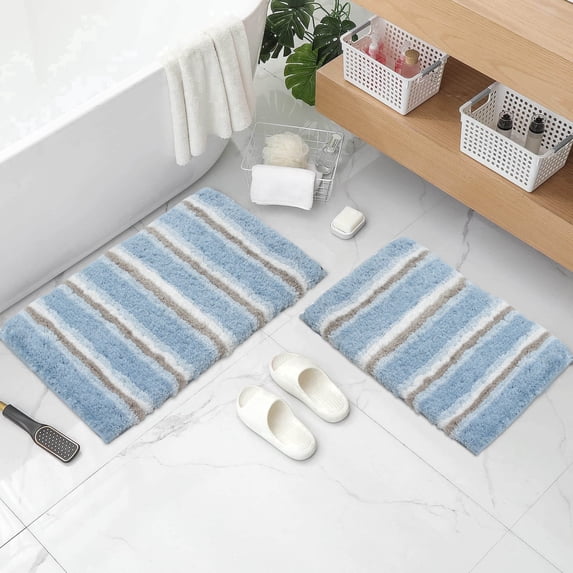 Home Weavers Glamour Collection 100% Polyester Microfiber Bathroom Rug, Non Slip Bath Mat Water Absorbent Soft Microfiber Shaggy Mat Machine Washable, Thick Plush Rugs - 2Pcs Set, Blue