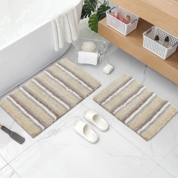 Home Weavers Glamour Collection 100% Polyester Microfiber Bathroom Rug, Non Slip Bath Mat Water Absorbent Soft Microfiber Shaggy Mat Machine Washable, Thick Plush Rugs - 2Pcs Set, Linen