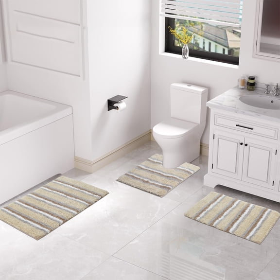 Home Weavers Inc Home Weavers Glamour Collection 100% Polyester Microfiber TPR Non-Slip Machine Washable Bathroom Rug Set 3PC Set with Contour - Linen