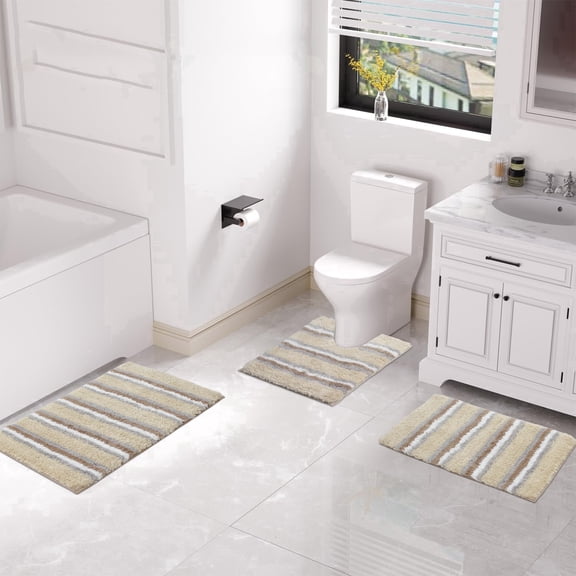 Home Weavers Inc Home Weavers Glamour Collection 100% Polyester Microfiber TPR Non-Slip Machine Washable Bathroom Rug Set 3PC Set with Contour - Linen