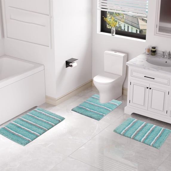 Home Weavers Glamour Collection 100% Polyester Microfiber Non-Slip Bath Rug,Extra Soft Microfiber Bedroom Rugs ,Water/Dust Absorbent Fast Dry Shower Mat - 3PC Set with Contour, Aqua