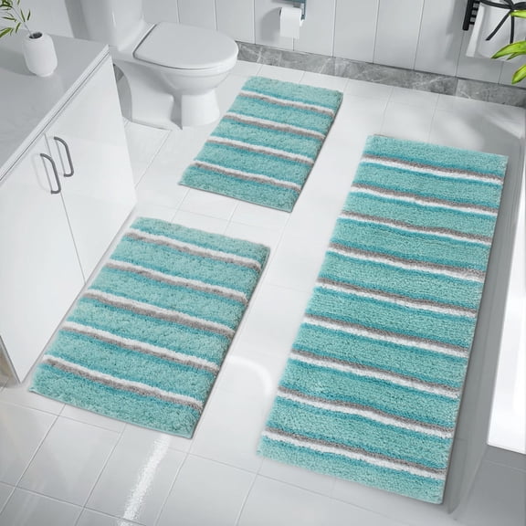 Home Weavers Glamour Collection 3 Piece Bath Rug Set, Non Slip Microfiber Bath Mats, Soft Plush Water Absorbent Bathroom Rugs, Machine Washable, Aqua