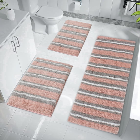 Home Weavers Inc Home Weavers Glamour Collection 100% Polyester Microfiber TPR Non-Slip Machine Washable Bathroom Rug Set 3PC Set with Runner - Pink