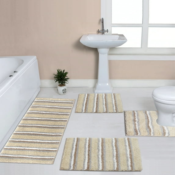 Home Weavers Inc Home Weavers Glamour Collection 100% Polyester Microfiber TPR Non-Slip Machine Washable Bathroom Rug Set 4PC Set - Linen