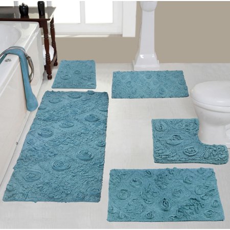 Home Weavers Inc Modesto Bath Rug 100% Cotton Non-Slip Bathroom Rug Set, Machine Washable Bath Rug, 5 Piece Bath Mat Set with Contour Blue