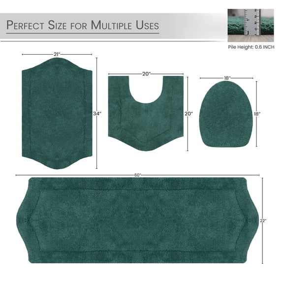 Home Weavers Inc Waterford Collection 100% Cotton Bath Carpet Non-Slip Bathroom Rug Set, Machine Washable Bath Rug, 4 Piece Bath Mat Set Bottle Green