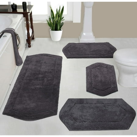 Home Weavers Inc Waterford Collection 100% Cotton Non-Slip Bathroom Rug Set, Machine Washable Bath Rug, 4 Piece Bath Mat Set with Runner Gray