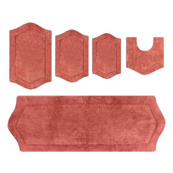 Home Weavers Inc Waterford Collection 100% Cotton Non-Slip Bathroom Rug Set, Machine Washable Bath Rug, 5 Piece Bath Mat Set with Contour Coral