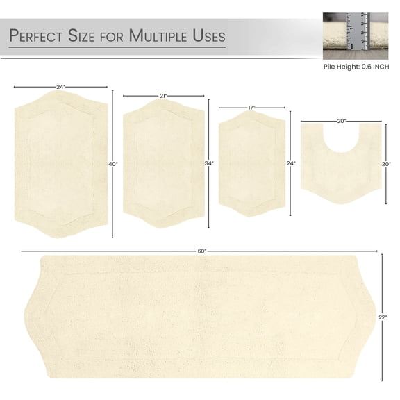 HOME WEAVERS Waterford Collection 100% Cotton Non-Slip Bathroom Rug Set Machine Washable Bathroom Rug, Bath Rug, U Shaped Contour, Runner, Bathroom Rug, Ivory Color 5 Piece Bath Rug set