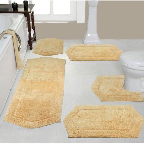 Home Weavers Waterford Collection 100% Cotton Non-Slip Bathroom Rug Set Machine Washable Bathroom Rug, Bath Rug, U Shaped Contour, Runner, Bathroom Rug, Yellow Color 5 Piece Bath Rug set