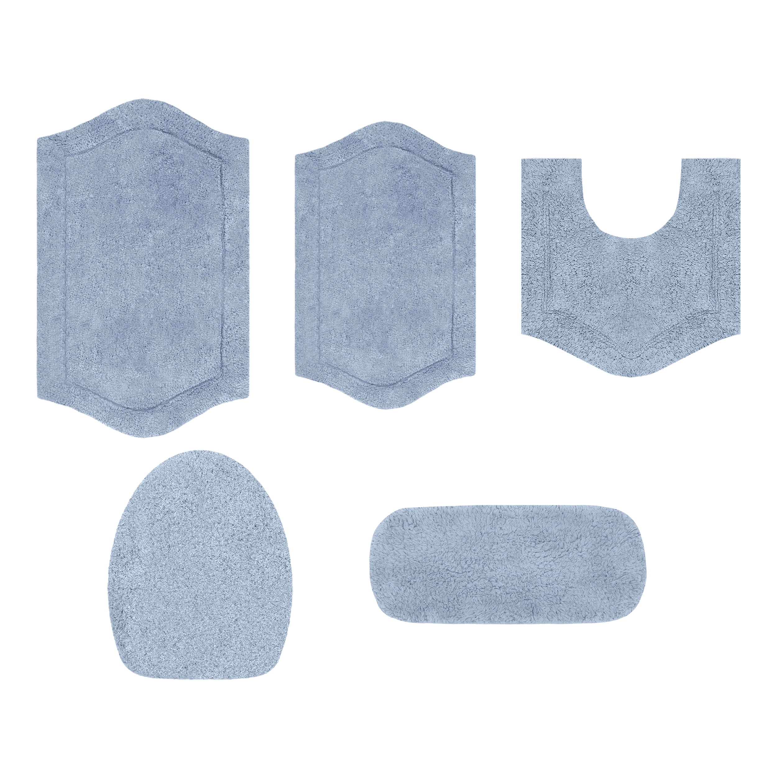 Home Weavers Inc Waterford Collection 100% Cotton Non-Slip Bathroom Rug Set, Machine Washable Bath Rug, 5 Piece Bath Mat Set with Tank Lid Cover Blue