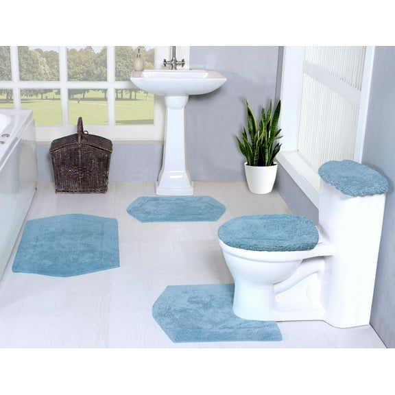 Home Weavers Inc Waterford Collection 100% Cotton Non-Slip Bathroom Rug Set, Machine Washable Bath Rug, 5 Piece Bath Mat Set with Tank Lid Cover Blue