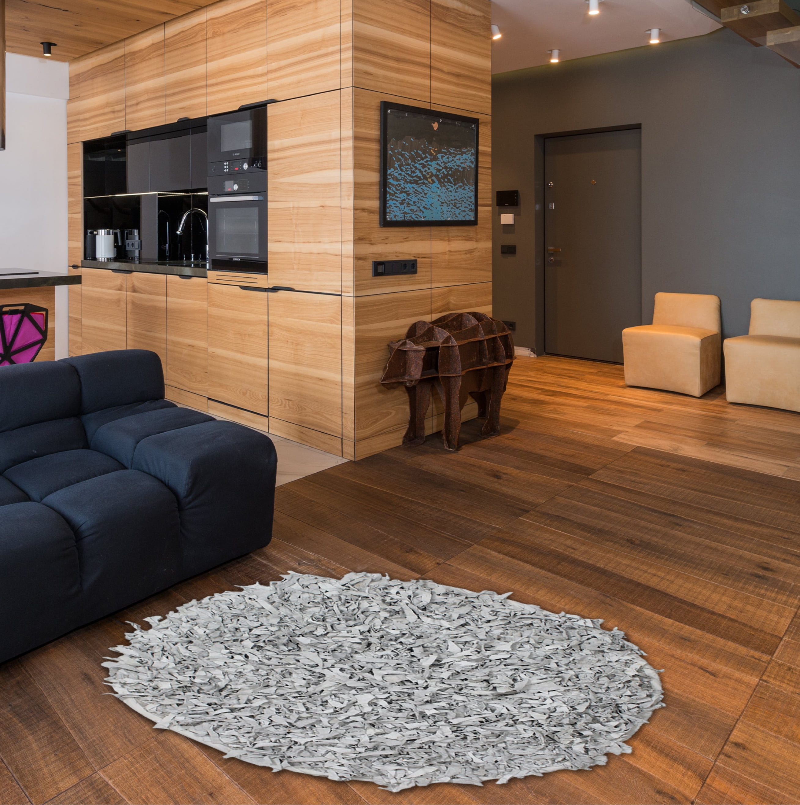 Home Weavers Leather Shaggy Collection Living Room Rug, Machine Washable Area Rugs, Rug For Living Room, Non Slip Accent Rugs, Soft Foldable Indoor Floor Rug, Easy To Clean, 3' Round, Silver