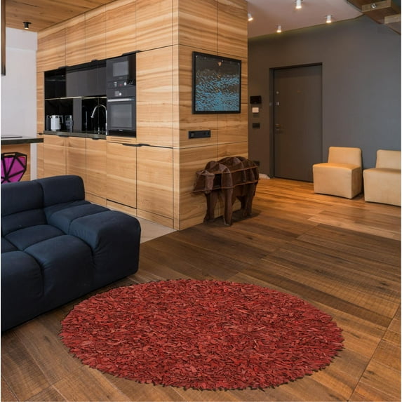 Home Weavers Leather Shaggy Collection Living Room Rug, Machine Washable Area Rugs, Rug For Living Room, Non Slip Accent Rugs, Soft Foldable Indoor Floor Rug, Easy To Clean, 3' Round, Red