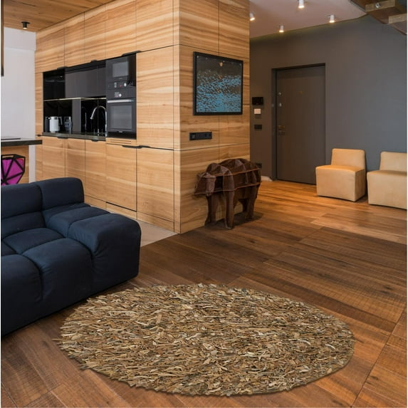 Home Weavers Leather Shaggy Collection Living Room Rug, Machine Washable Area Rugs, Rug For Living Room, Non Slip Accent Rugs, Soft Foldable Indoor Floor Rug, Easy To Clean, 3' Round, Tan