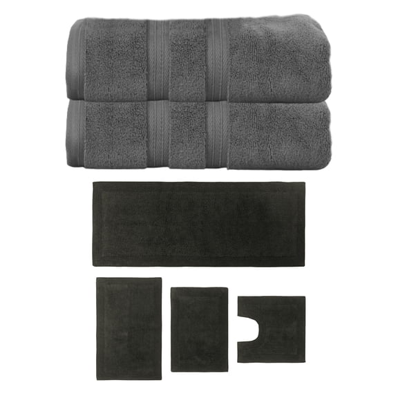Home Weavers Luxury 100% Cotton 6-Piece Bath Towel and Bath Rug Set, 2 Towels, 4 Bath Rugs, Dark Gray
