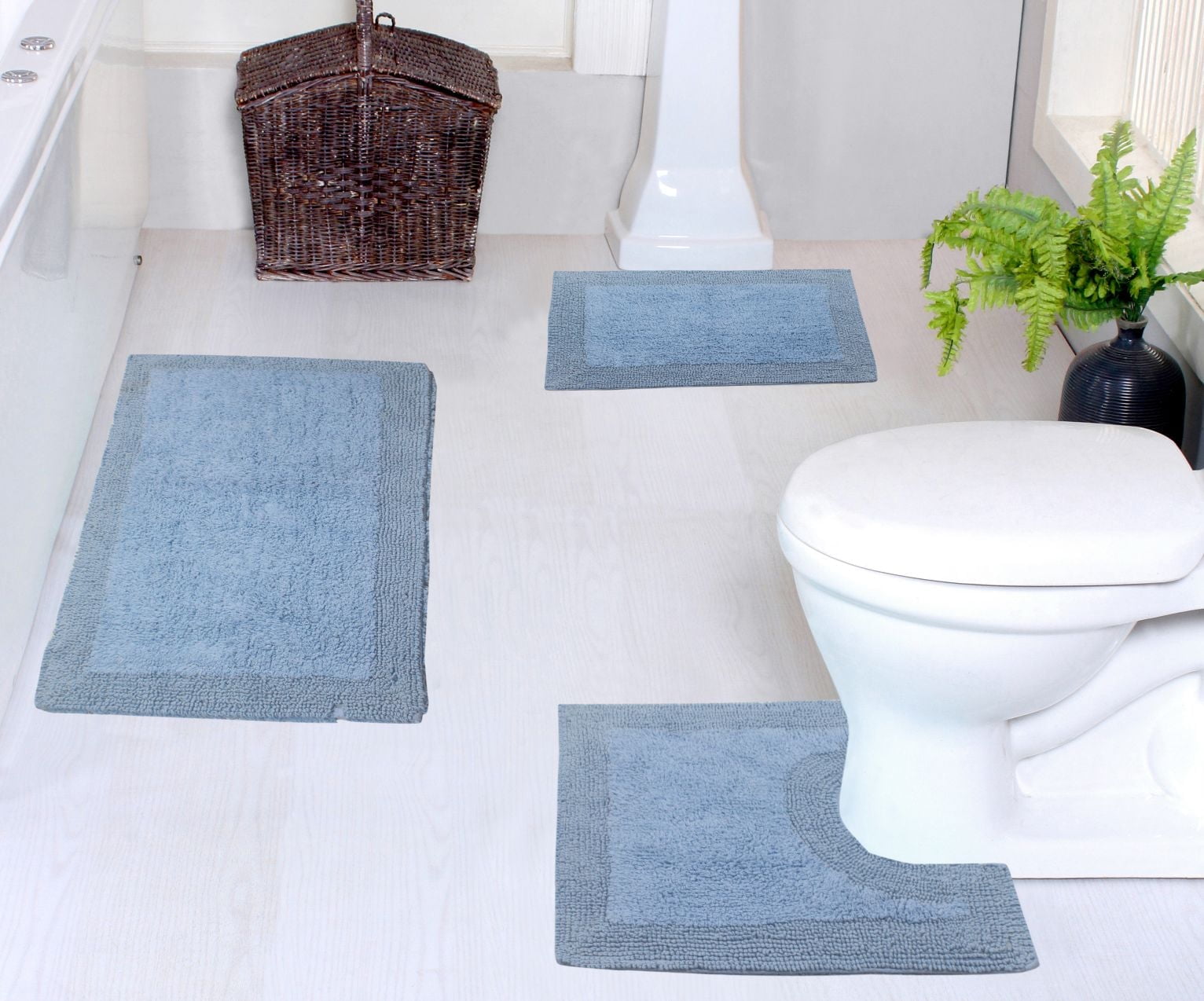 Blue Cotton Non-Slip Bathroom Rug Set, 3 Piece