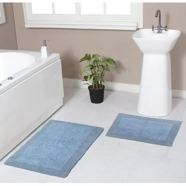 Home Weavers Luxury Collection 100% Cotton Reversible Bathroom Rug Set Machine Washable Bathroom Rug-17"x24", Bath Rug- 21"x34", Blue Color 2 Piece Bath Carpet set
