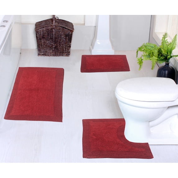 Home Weavers Luxury Collection 100% Cotton Reversible Bathroom Rug Set Machine Washable Bathroom Rug-17"x24", Bath Rug- 21"x34", U Shaped Contour- 20"x20", Red Color 3 Piece Bath Rug set