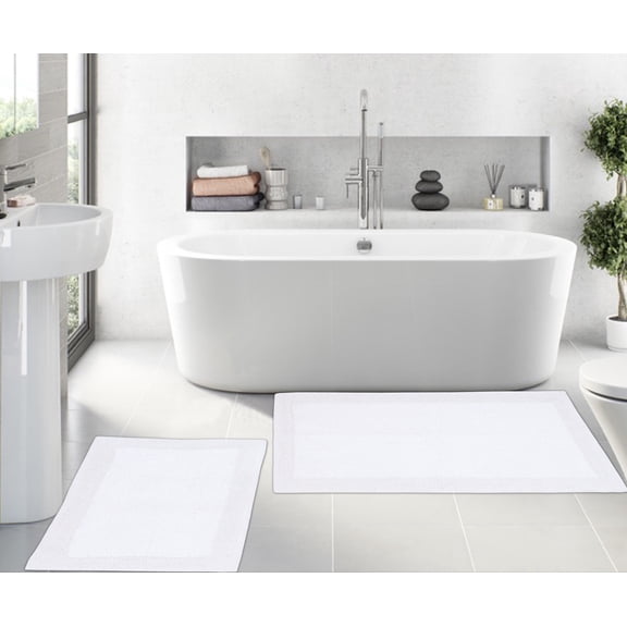 Home Weavers Luxury Collection 100% Cotton Reversible Bathroom Rug Set Machine Washable Bathroom Rug-17"x24", Bathroom Rug- 24"x40", White Color 2 Piece Bath Rug set