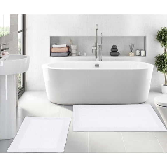 Home Weavers Luxury Collection 100% Cotton Reversible Bathroom Rug Set Machine Washable Bathroom Rug-17"x24", Bathroom Rug- 24"x40", White Color 2 Piece Bath Rug set