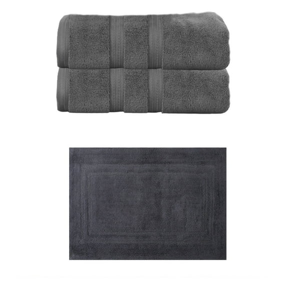 Home Weavers Luxury Collection 100% Soft Cotton Super Absorbent 2 Pcs Bath Towel Set & 1 Pc 21x34" Bath Rug, Machine Washable & Non Slip (Set of 3), Dark Gray