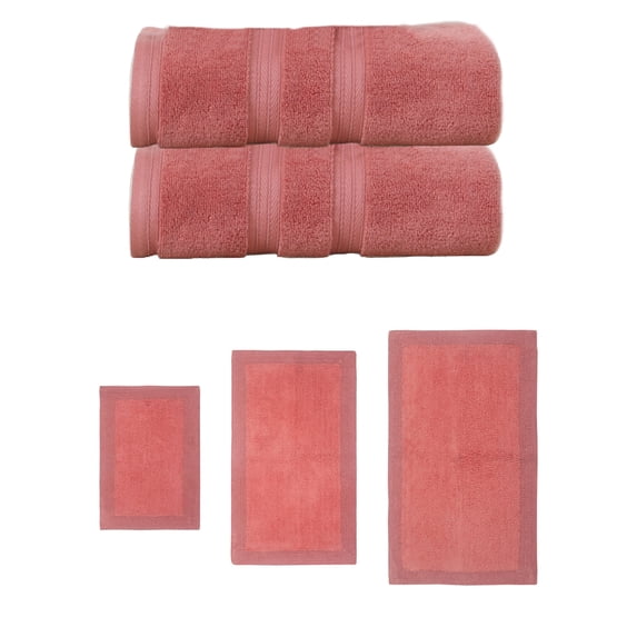 Home Weavers Luxury Collection 100% Soft Cotton Super Absorbent 2 Pcs Bath Towel Set & 3 Pc Bath Rug Combo, Machine Washable & Non Slip (Set of 5), Coral