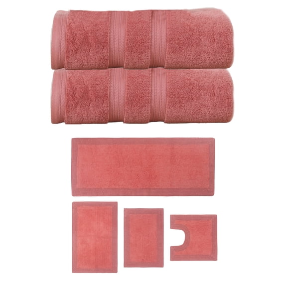 Home Weavers Luxury Collection 100% Soft Cotton Super Absorbent 2 Pcs Bath Towel Set & 4 Pc Bath Rug Combo, Machine Washable & Non Slip (Set of 6), Coral