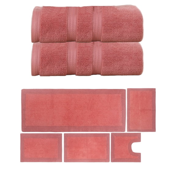 Home Weavers Luxury Collection 100% Soft Cotton Super Absorbent 2 Pcs Bath Towel Set & 5 Pc Bath Rug Combo, Machine Washable & Non Slip (Set of 7), Coral